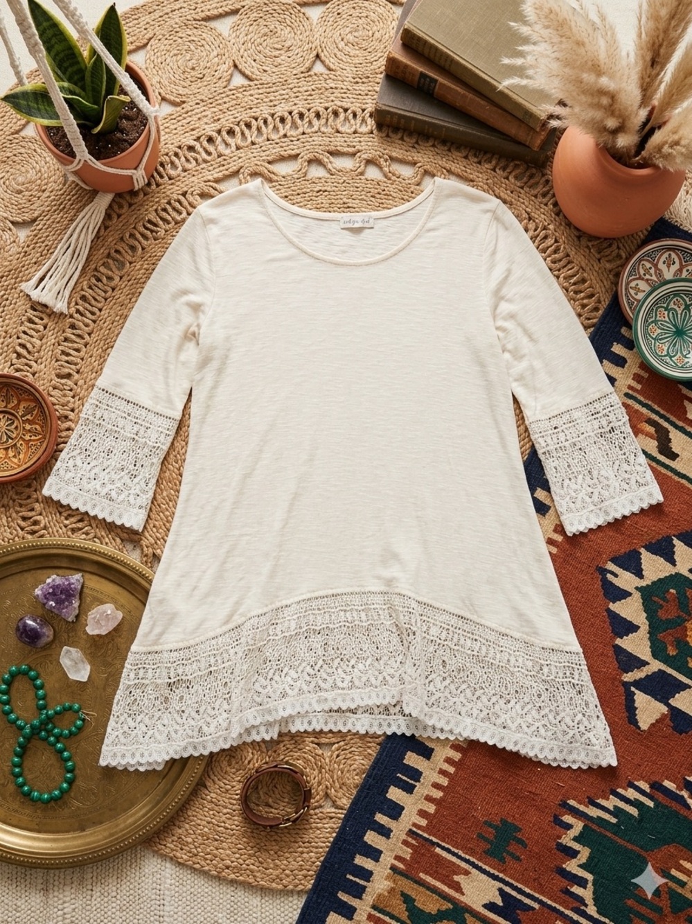 Indigo Soul Cream Lace-Hem Women's Top by CeCe